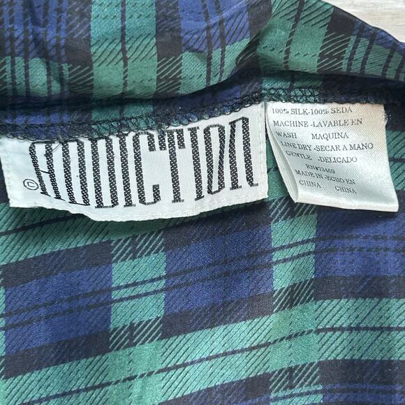 Addiction Kimono Robe 100% Silk Green Navy Plaid Open Front Duster Jacket - Picture 5 of 6